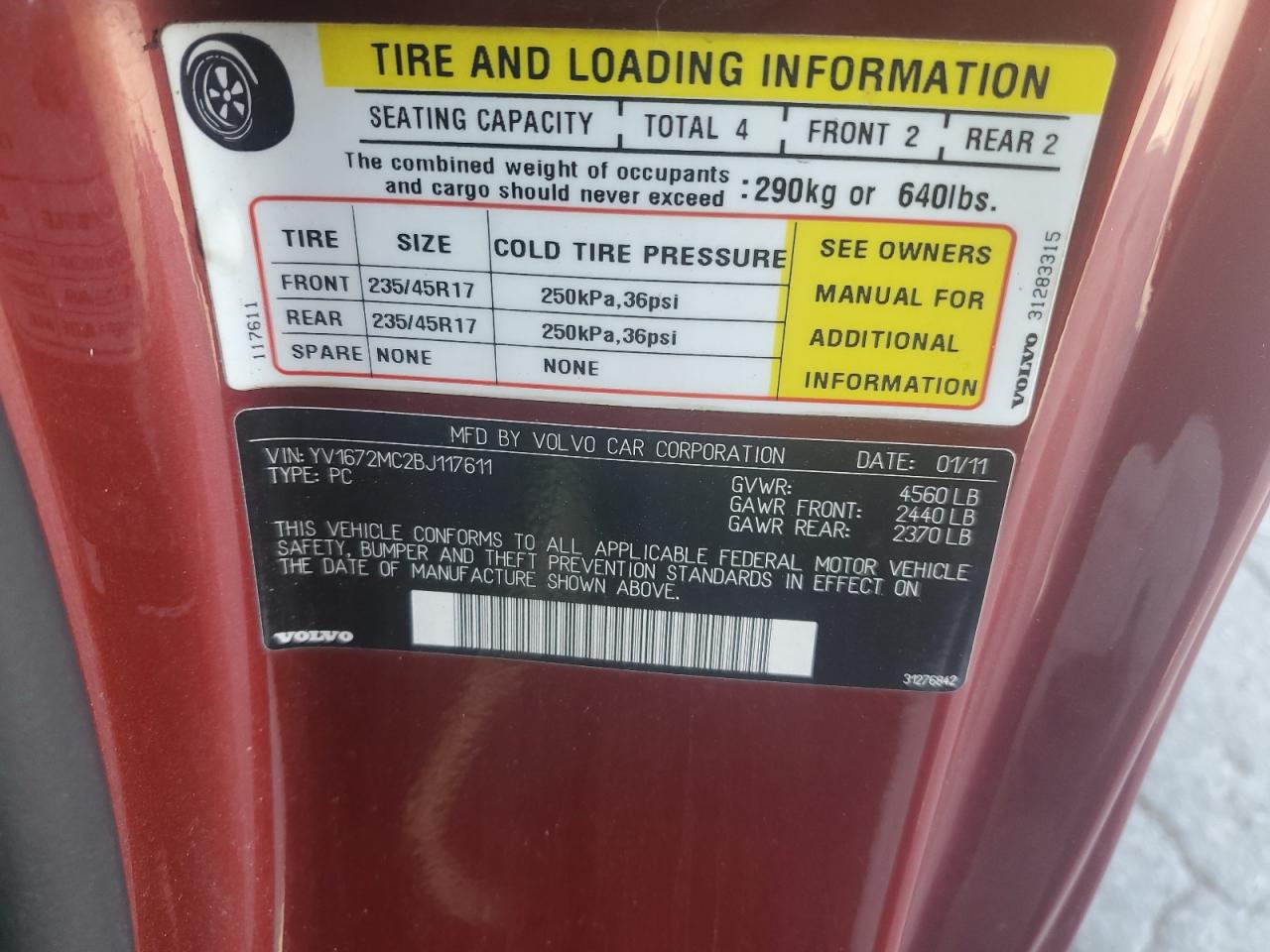 2011 Volvo C70 T5 VIN: YV1672MC2BJ117611 Lot: 66201595