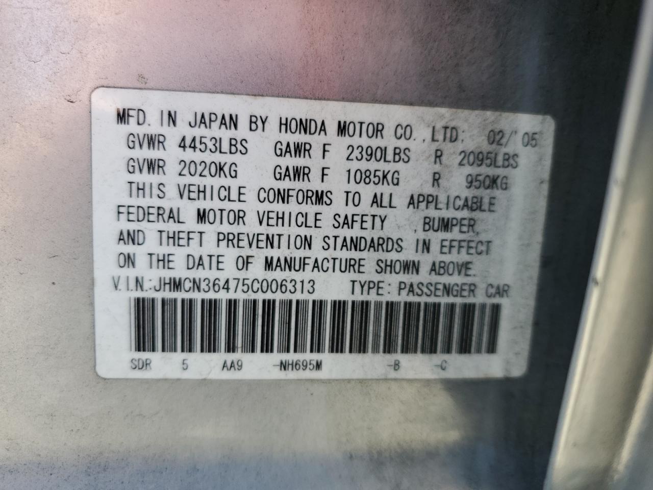 2005 Honda Accord Hybrid VIN: JHMCN36475C006313 Lot: 64887015