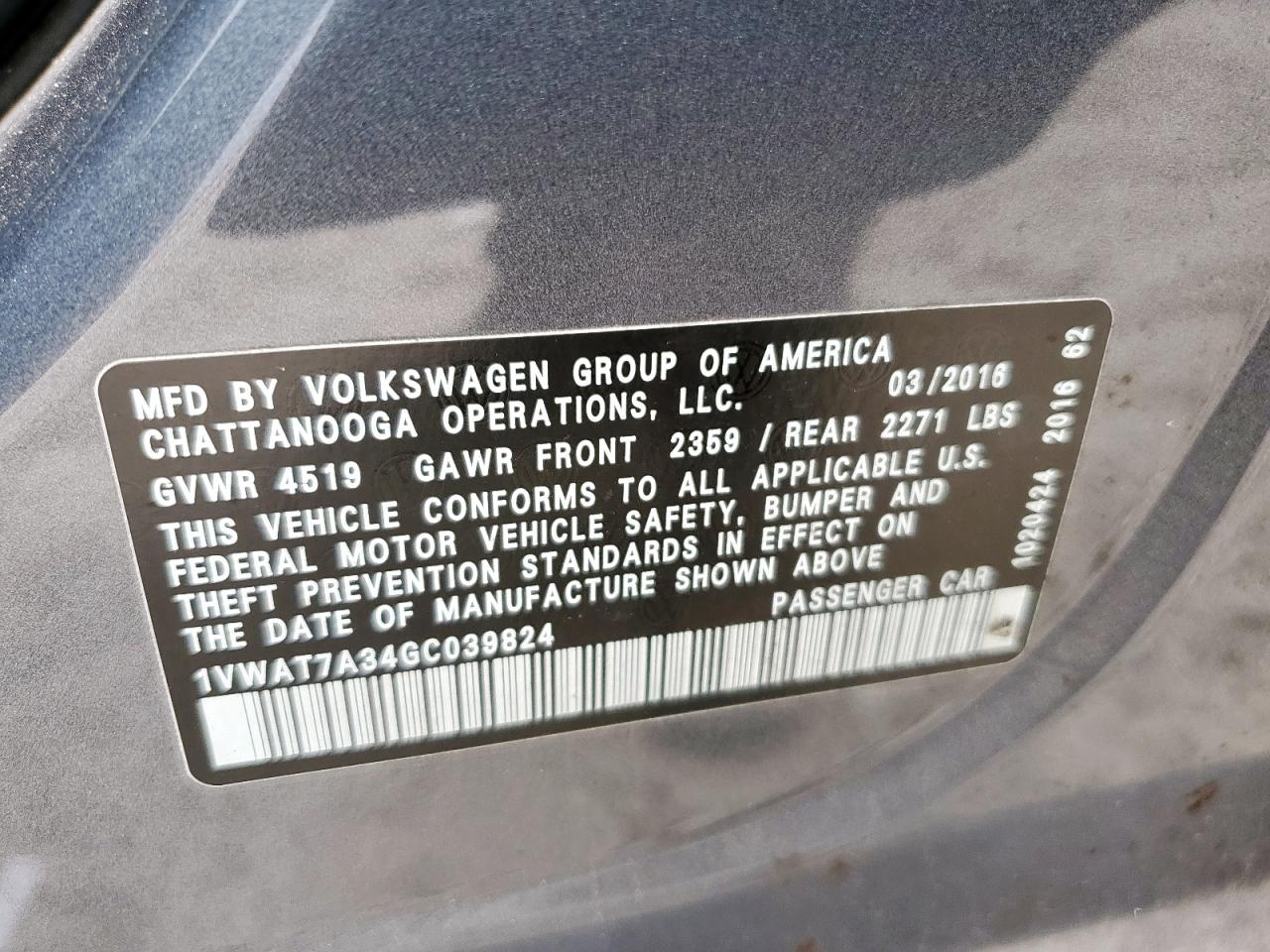 2016 Volkswagen Passat S VIN: 1VWAT7A34GC039824 Lot: 65129755
