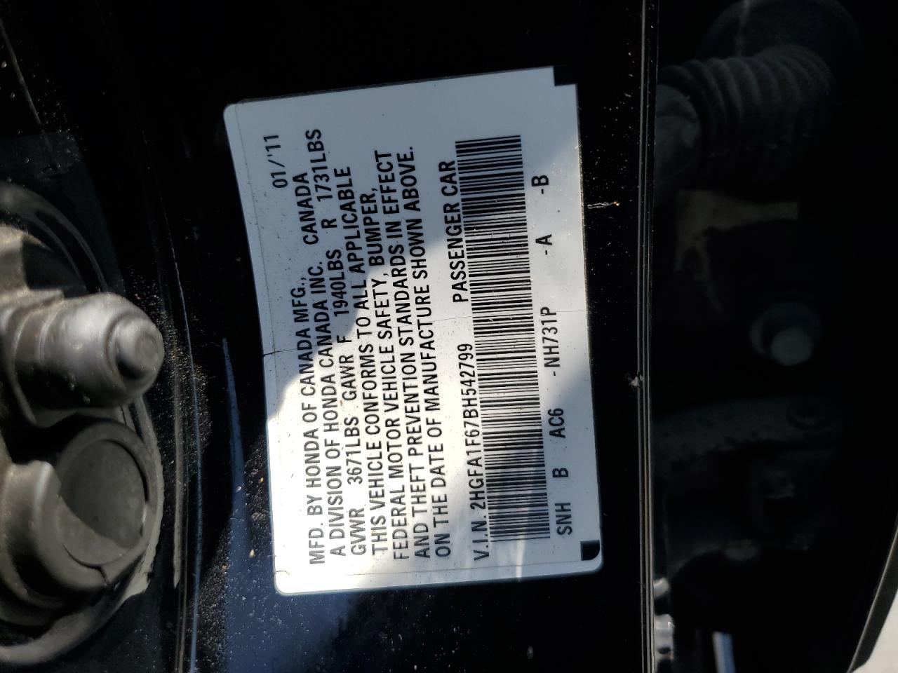 2011 Honda Civic Lx-S VIN: 2HGFA1F67BH542799 Lot: 65277795