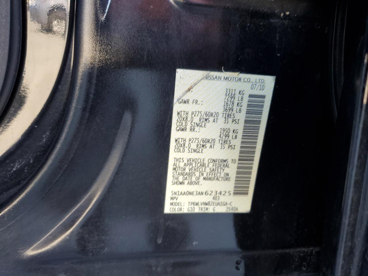 2010 Nissan Armada Platinum VIN: 5N1AA0NE3AN623425 Lot: 64277945