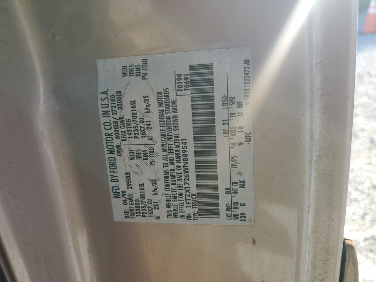 1998 Ford F150 VIN: 1FTZX1726WNB89541 Lot: 66757885