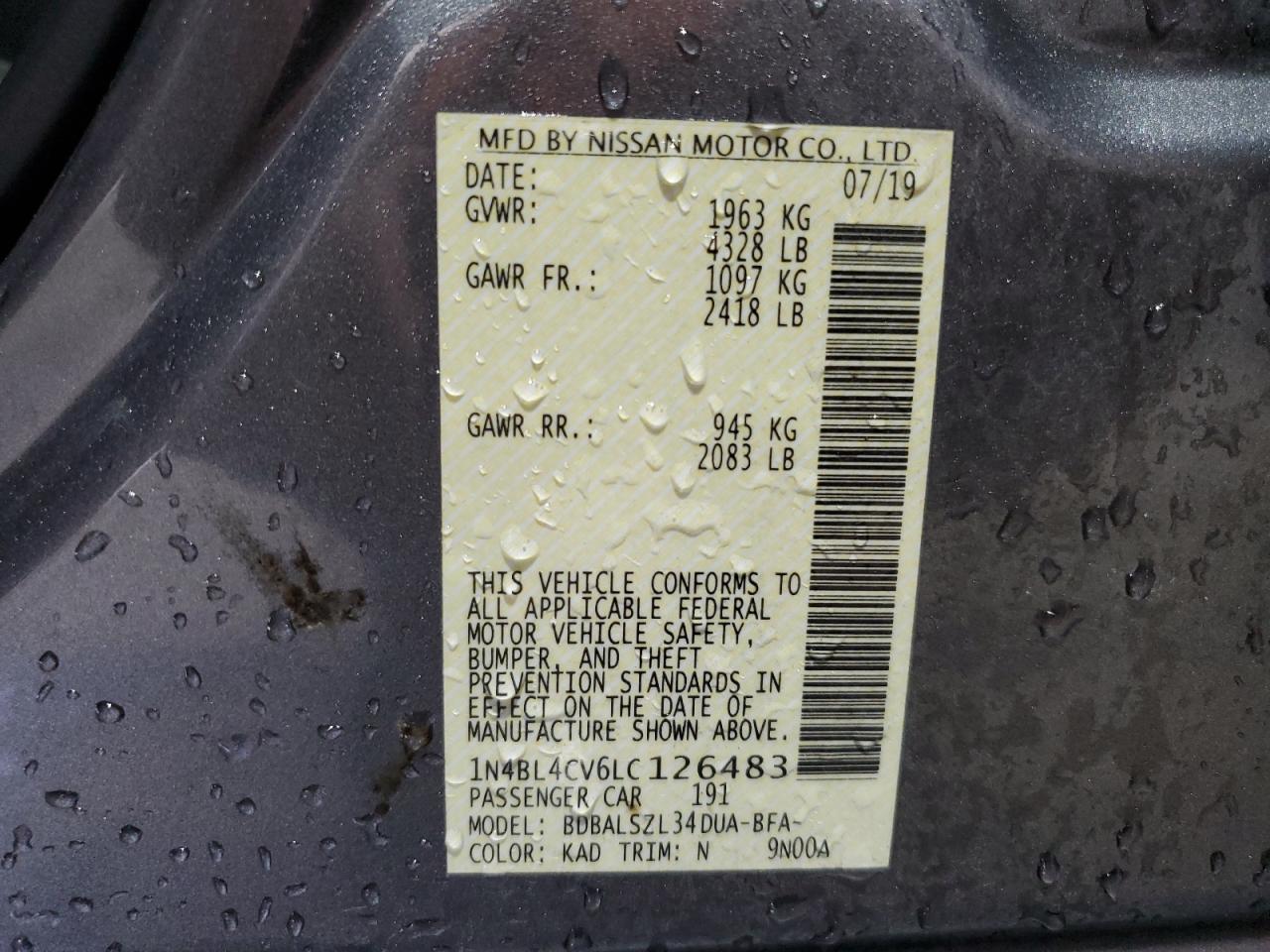 2020 Nissan Altima Sr VIN: 1N4BL4CV6LC126483 Lot: 65234195