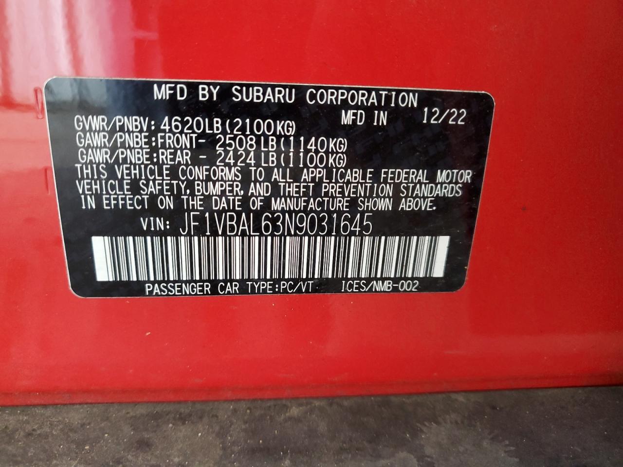 2022 Subaru Wrx Limited VIN: JF1VBAL63N9031645 Lot: 64770975