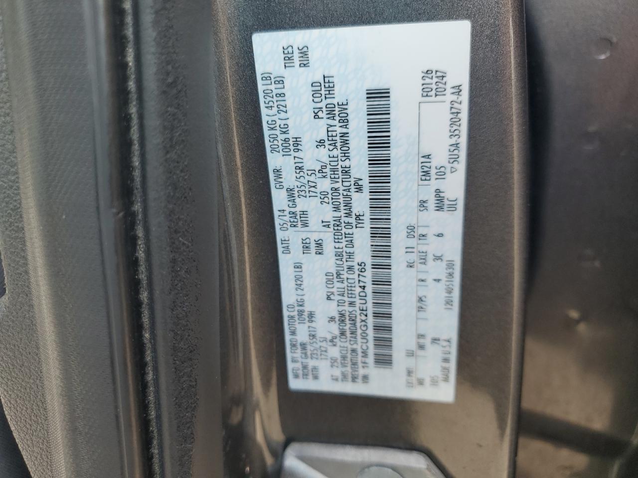 2014 Ford Escape Se VIN: 1FMCU0GX2EUD47765 Lot: 65317555