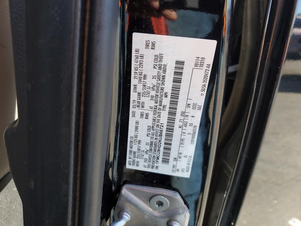 2019 Ford Escape Sel VIN: 1FMCU9HD2KUB66721 Lot: 97302315