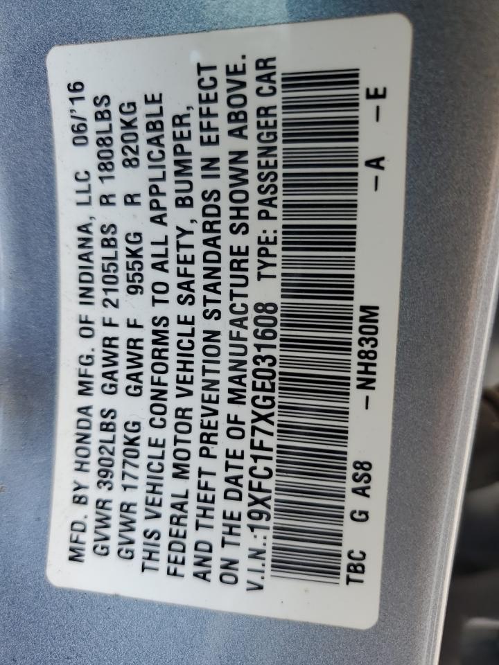 2016 Honda Civic Exl VIN: 19XFC1F7XGE031608 Lot: 66611205
