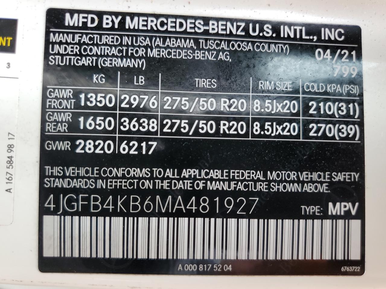 2021 Mercedes-Benz Gle 350 4Matic VIN: 4JGFB4KB6MA481927 Lot: 64069575