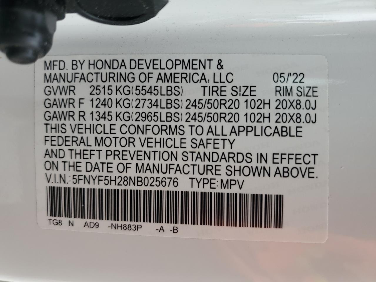 2022 Honda Pilot Se VIN: 5FNYF5H28NB025676 Lot: 62631695