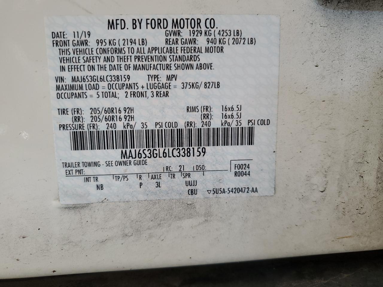 2020 Ford Ecosport Se VIN: MAJ6S3GL6LC338159 Lot: 63204515