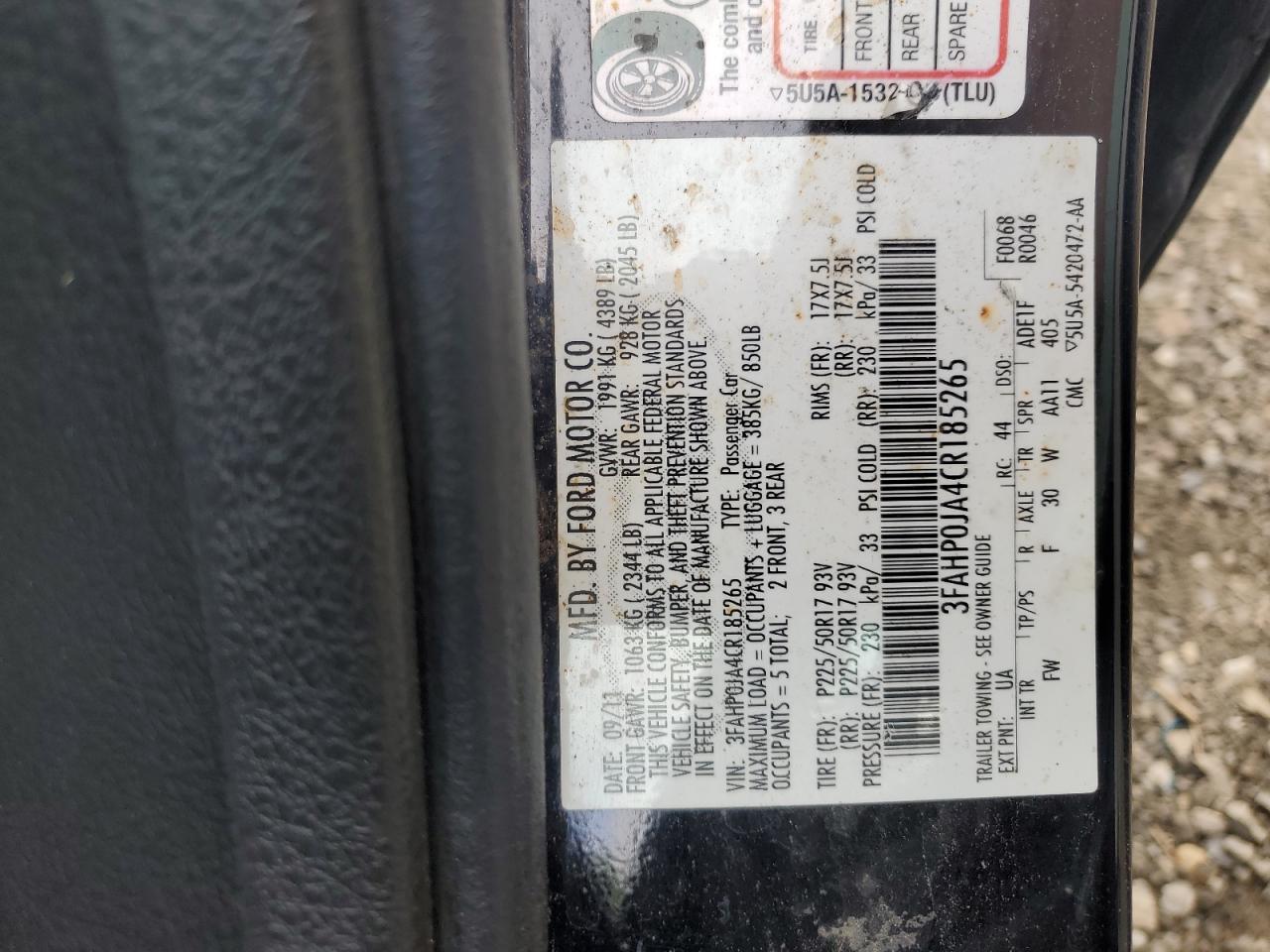 2012 Ford Fusion Sel VIN: 3FAHP0JA4CR185265 Lot: 63939835