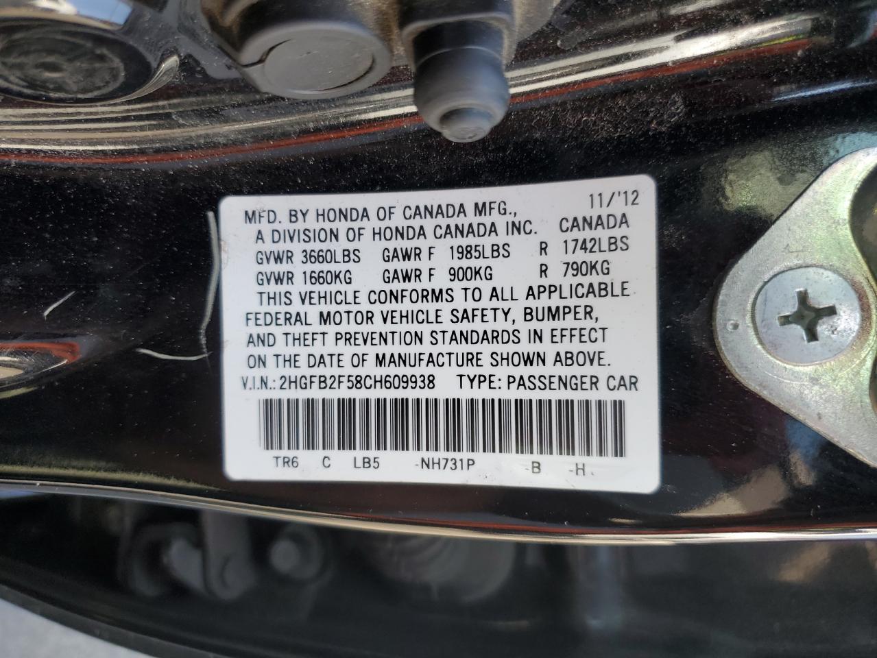 2012 Honda Civic Lx VIN: 2HGFB2F58CH609938 Lot: 65033995
