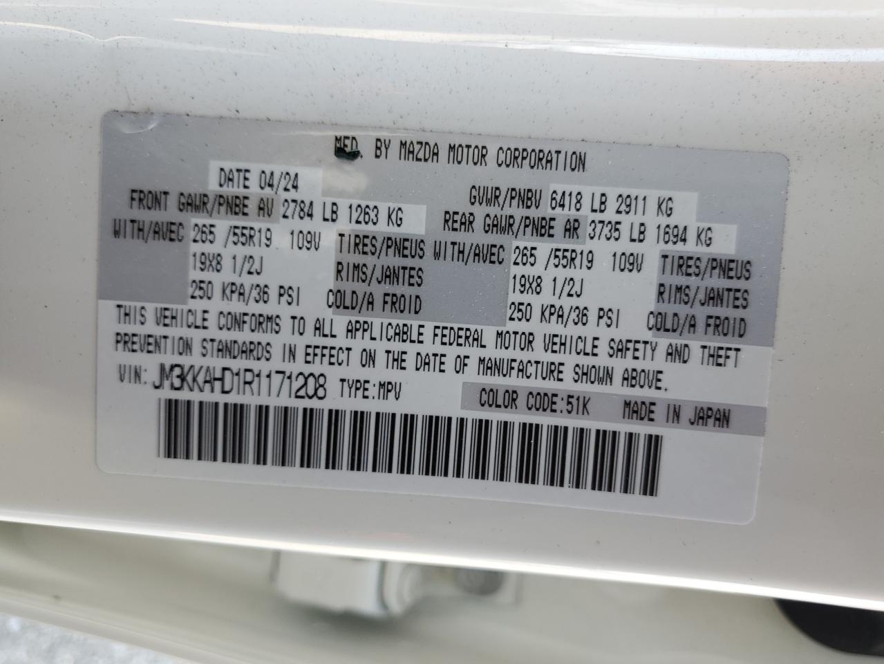 2024 Mazda Cx-90 Select VIN: JM3KKAHD1R1171208 Lot: 65021875