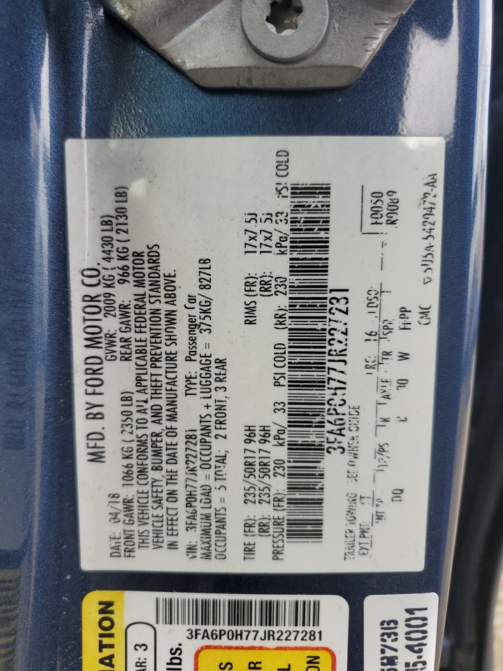 2018 Ford Fusion Se VIN: 3FA6P0H77JR227281 Lot: 65356555
