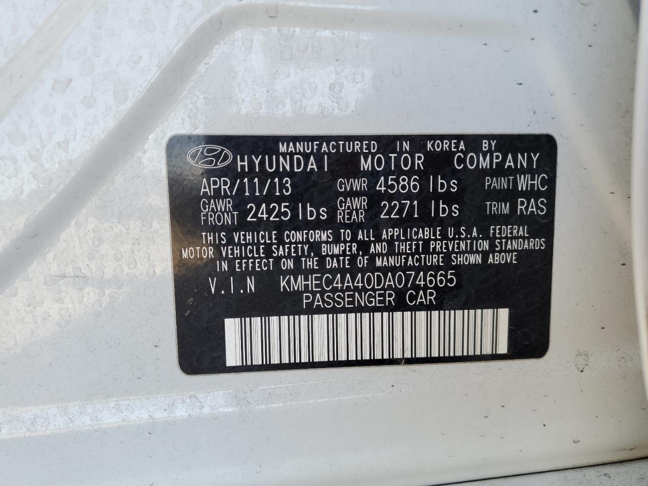 2013 Hyundai Sonata Hybrid VIN: KMHEC4A40DA074665 Lot: 60331425