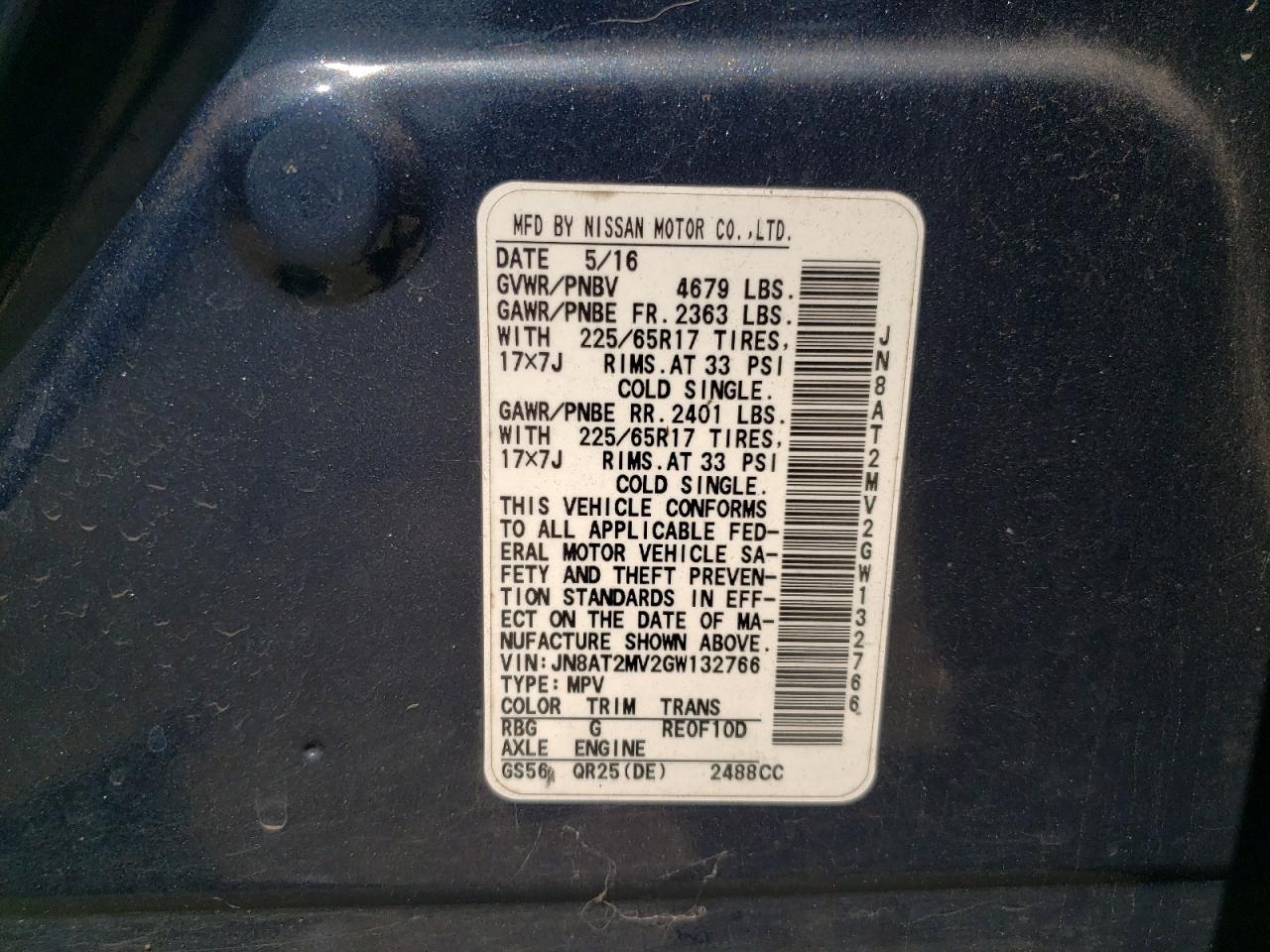 2016 Nissan Rogue S VIN: JN8AT2MV2GW132766 Lot: 65548205