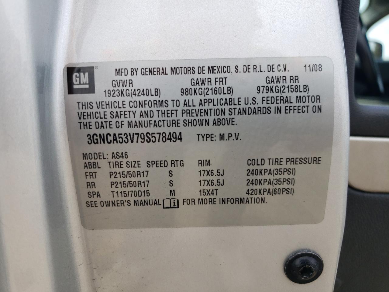 3gnca53v79s578494 3GNCA53V79S578494 2009 Chevrolet Hhr Lt