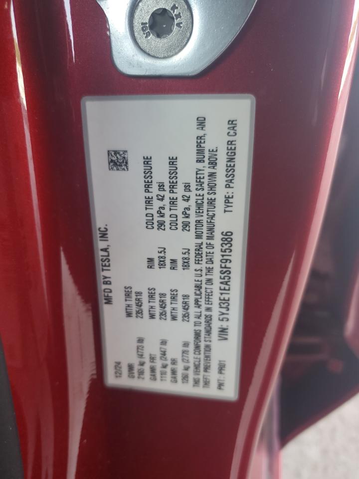 2025 Tesla Model 3 VIN: 5YJ3E1EA5SF915386 Lot: 64003105
