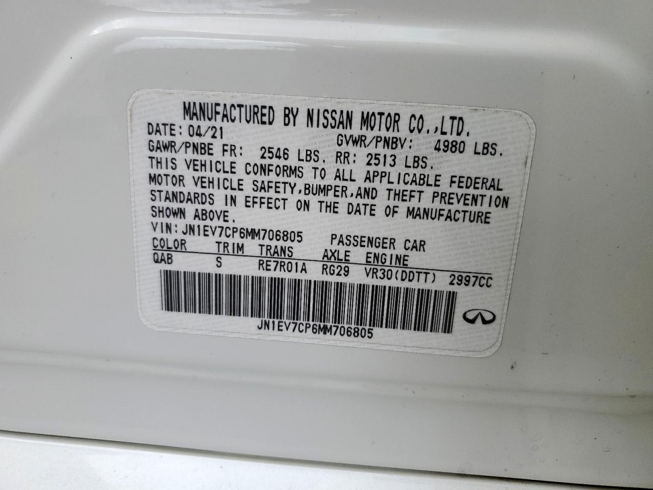 2021 Infiniti Q50 Sensory VIN: JN1EV7CP6MM706805 Lot: 64873545