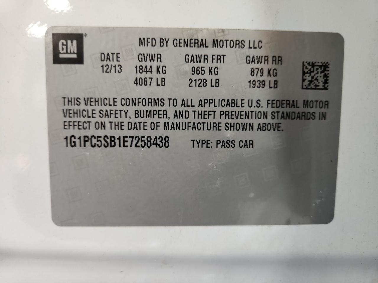 2014 Chevrolet Cruze Lt VIN: 1G1PC5SB1E7258438 Lot: 64681305