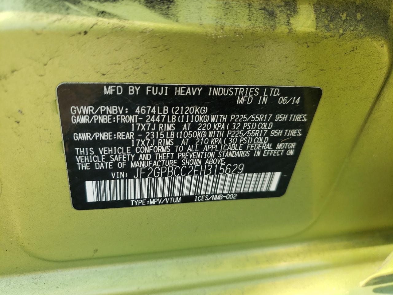 2014 Subaru Xv Crosstrek 2.0I Hybrid VIN: JF2GPBCC2EH315629 Lot: 63143645
