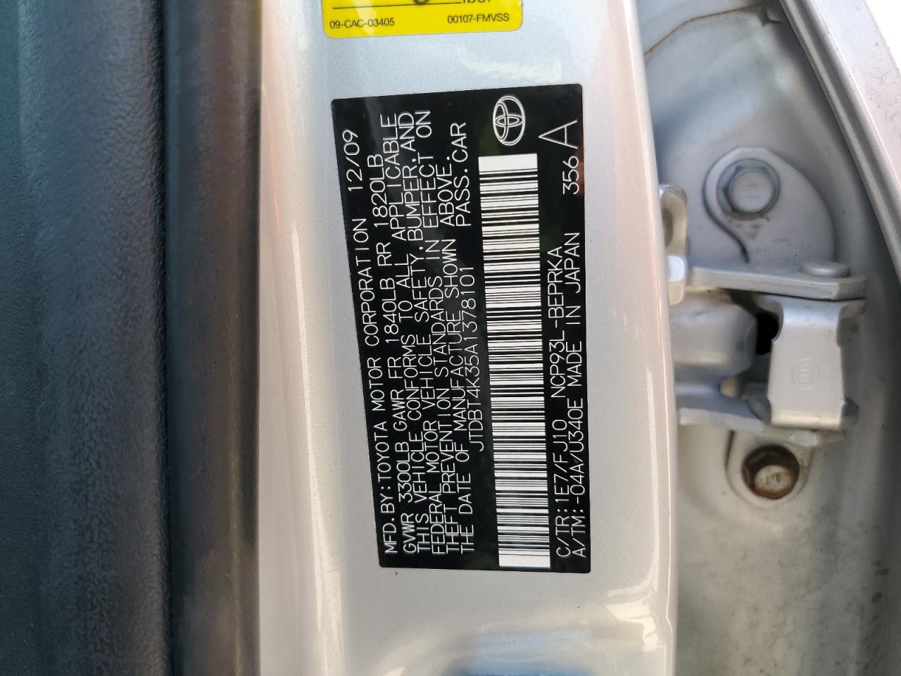 2010 Toyota Yaris VIN: JTDBT4K35A1378101 Lot: 63501125