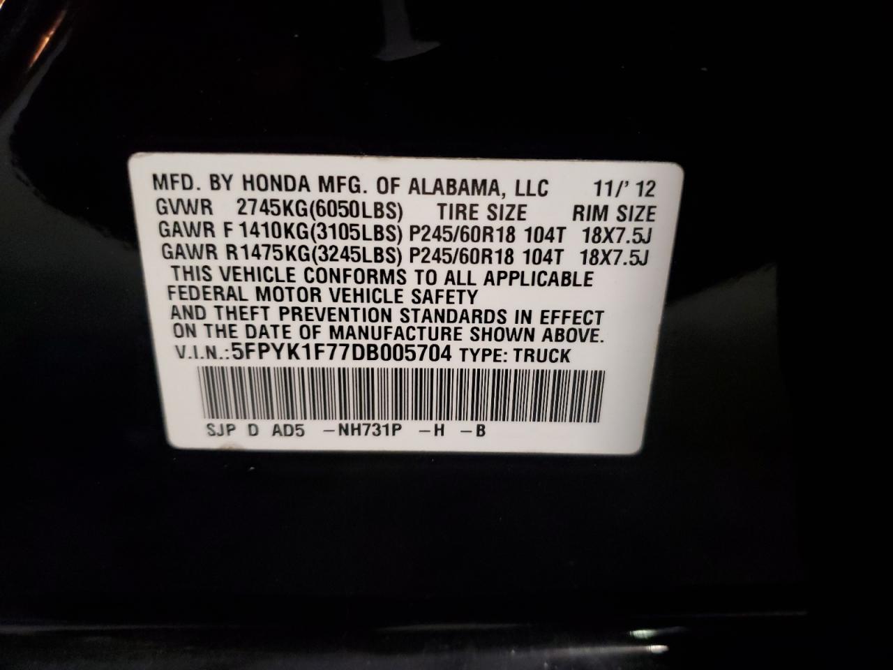 2013 Honda Ridgeline Sport VIN: 5FPYK1F77DB005704 Lot: 64845815