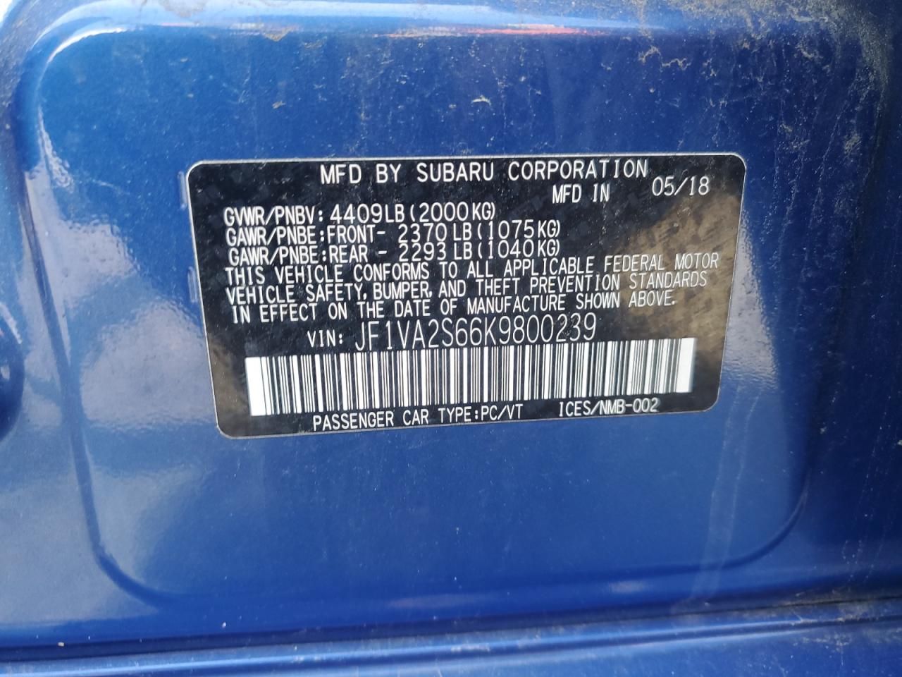 2019 Subaru Wrx Sti VIN: JF1VA2S66K9800239 Lot: 64651585