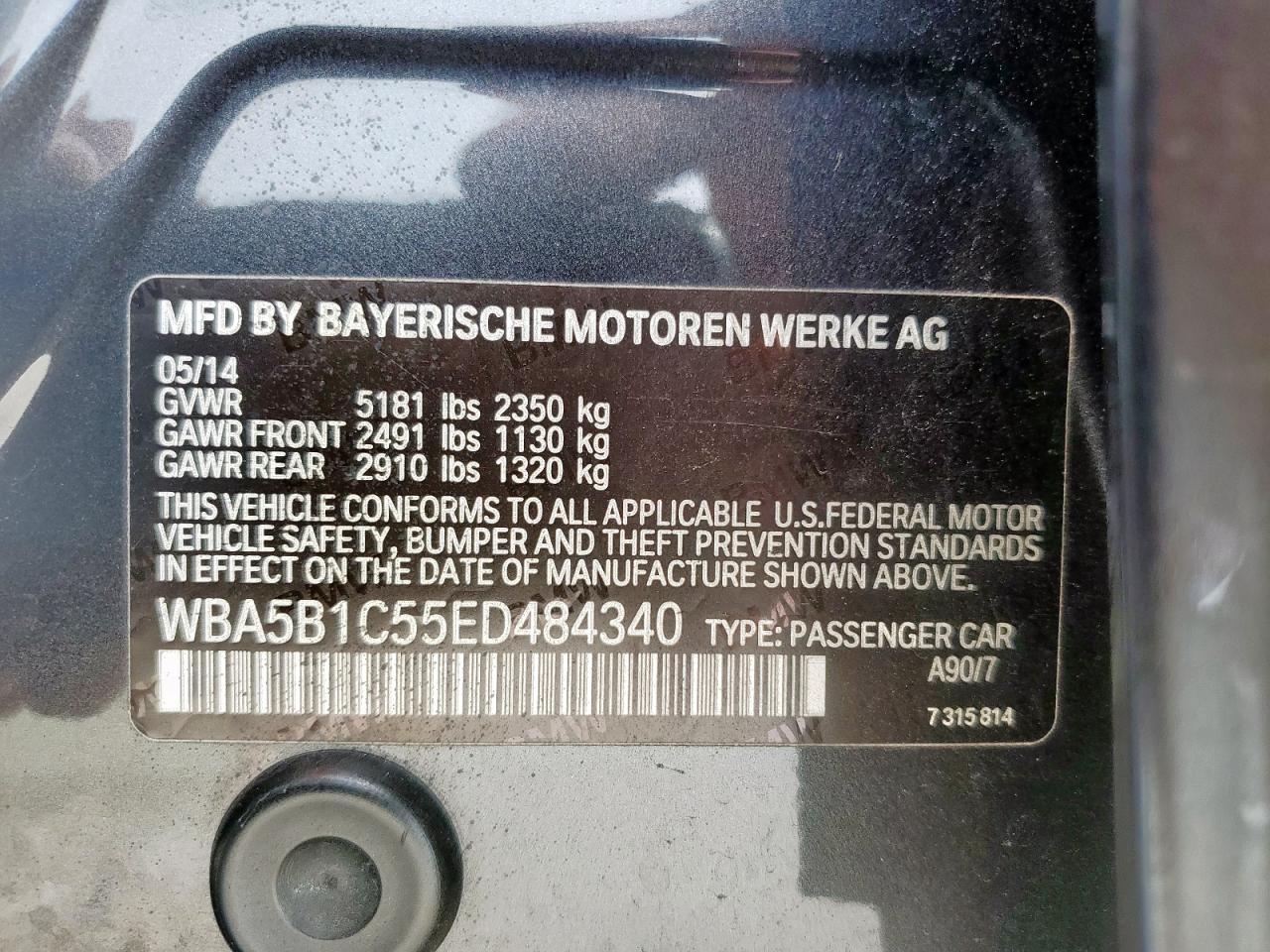 2014 BMW 535 I VIN: WBA5B1C55ED484340 Lot: 64096615