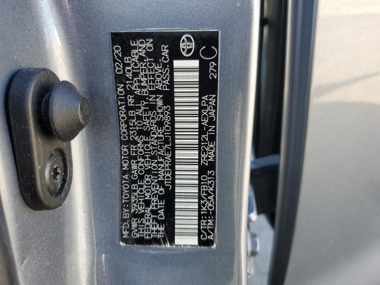 2020 Toyota Corolla Le VIN: JTDEPRAE7LJ109893 Lot: 64495735