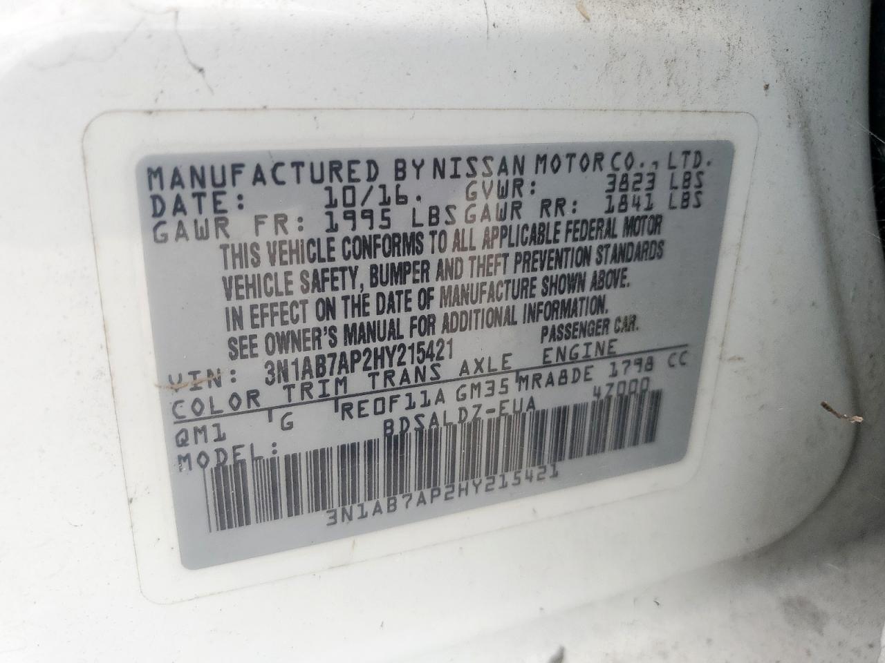 3n1ab7ap2hy215421 3N1AB7AP2HY215421 2017 Nissan Sentra S