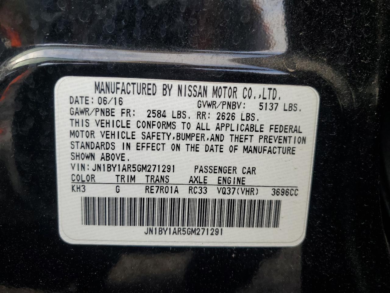 2016 Infiniti Q70 3.7 VIN: JN1BY1AR5GM271291 Lot: 62952935