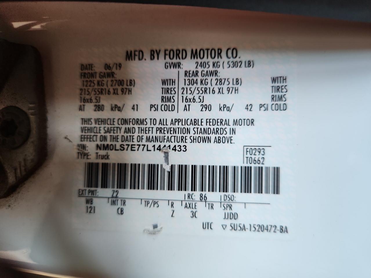 2020 Ford Transit Connect Xl VIN: NM0LS7E77L1441433 Lot: 62189555