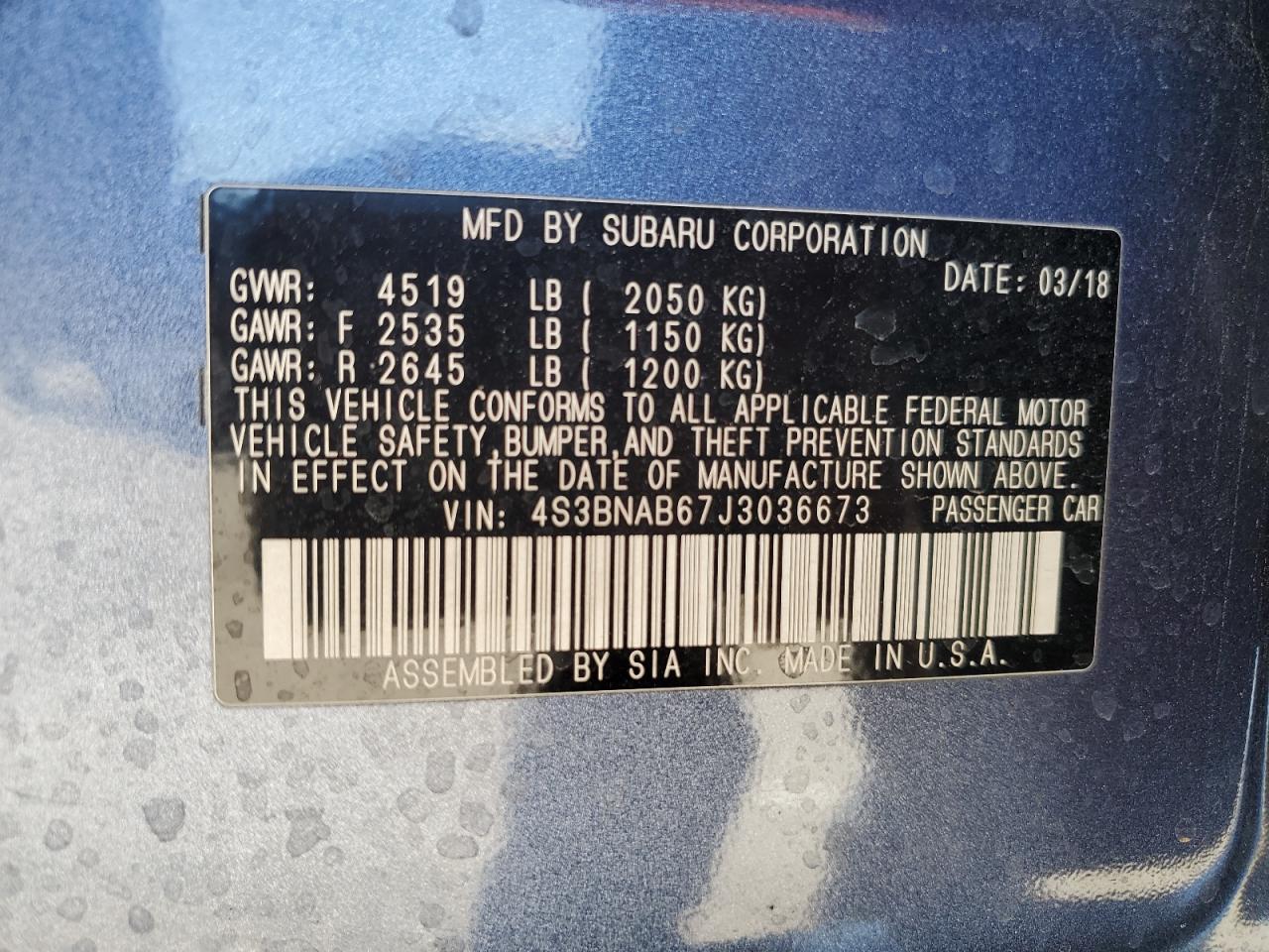 2018 Subaru Legacy 2.5I VIN: 4S3BNAB67J3036673 Lot: 70311575