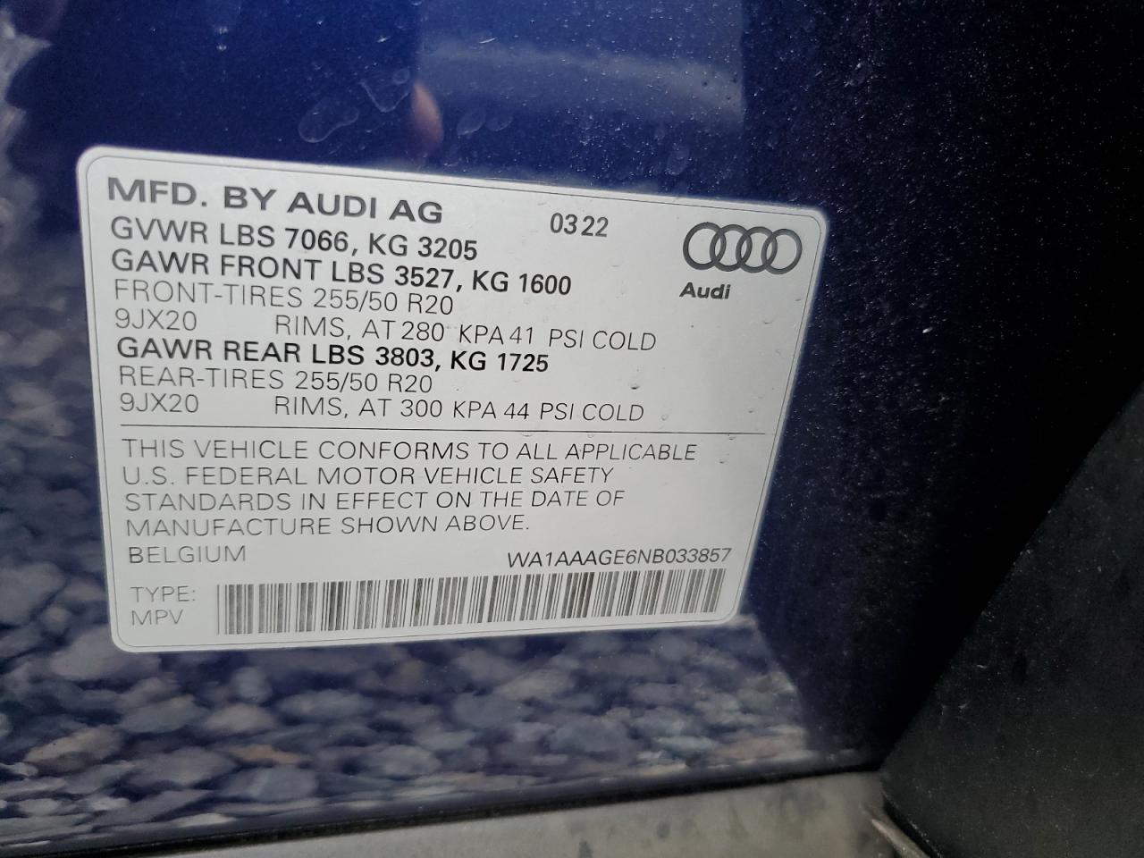 2022 Audi E-Tron Premium VIN: WA1AAAGE6NB033857 Lot: 64072135