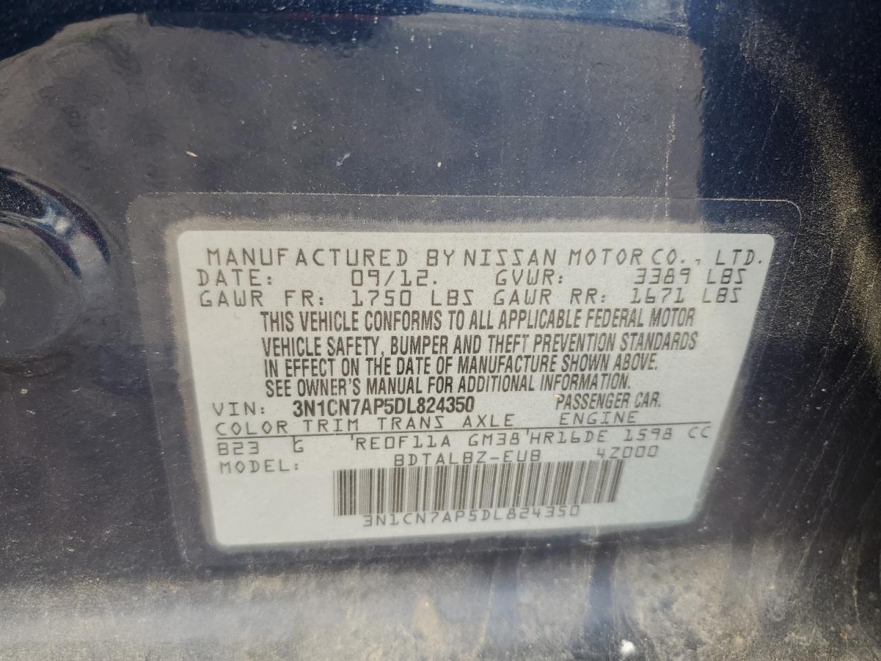2013 Nissan Versa S VIN: 3N1CN7AP5DL824350 Lot: 65043115