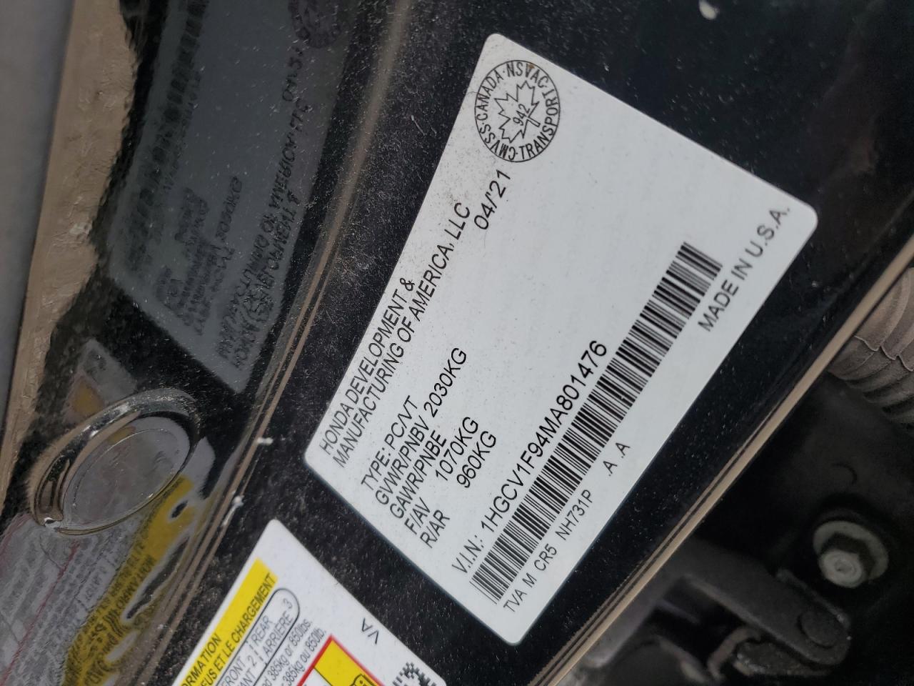 2021 Honda Accord Touring VIN: 1HGCV1F94MA801476 Lot: 65407985