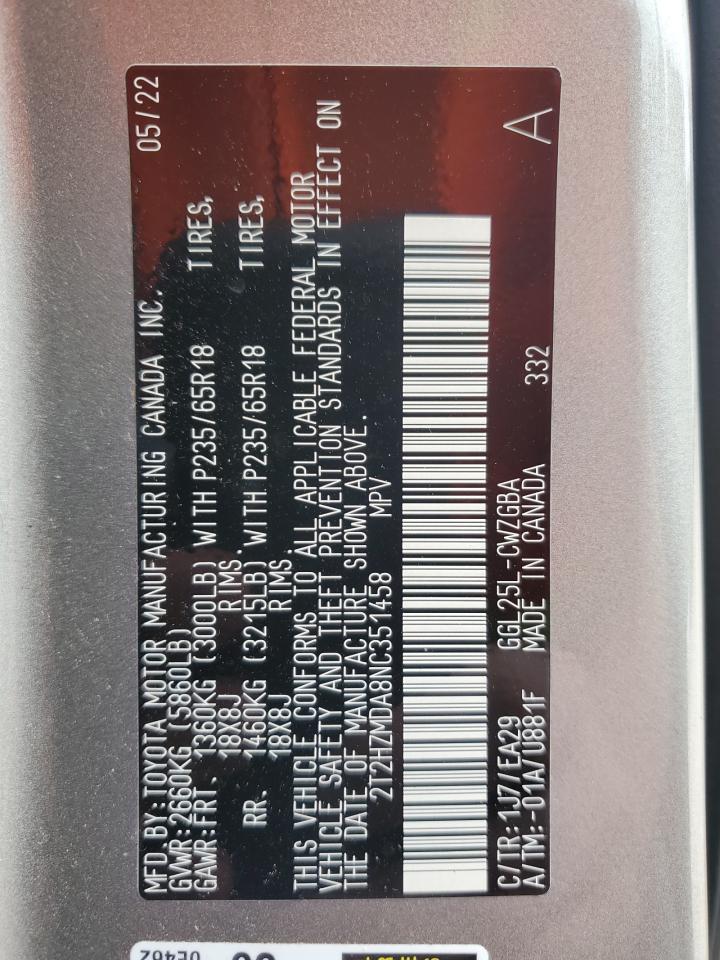 2022 Lexus Rx 350 VIN: 2T2HZMDA8NC351458 Lot: 63011085