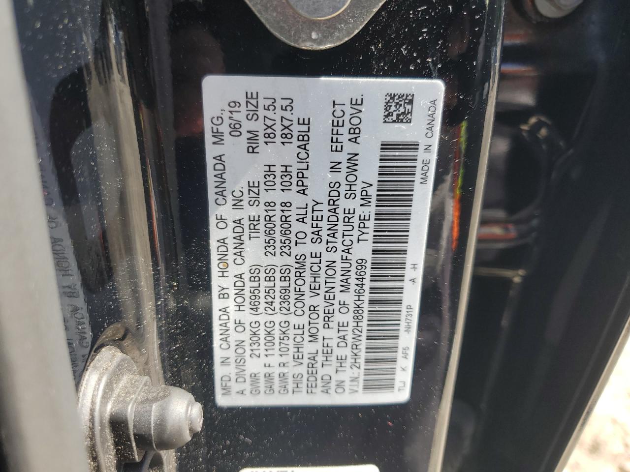 2019 Honda Cr-V Exl VIN: 2HKRW2H88KH644699 Lot: 65513815