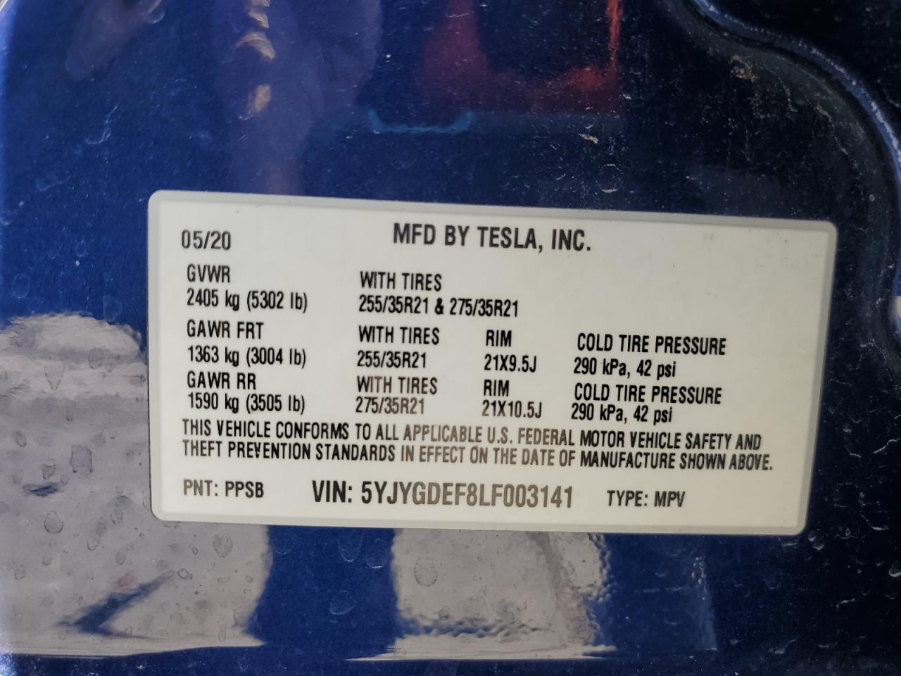 2020 Tesla Model Y VIN: 5YJYGDEF8LF003141 Lot: 66522075