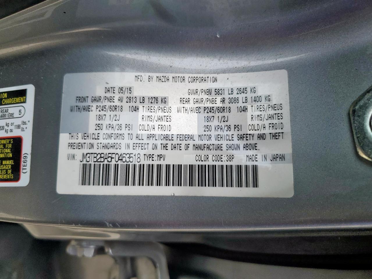 2015 Mazda Cx-9 Sport VIN: JM3TB2BA5F0463518 Lot: 65289175
