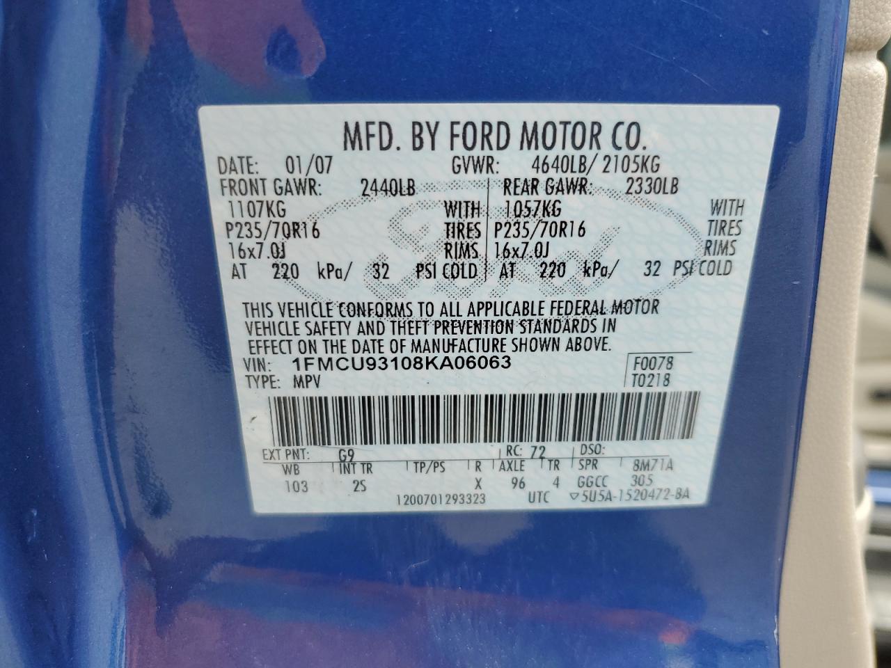 2008 Ford Escape Xlt VIN: 1FMCU93108KA06063 Lot: 63844265