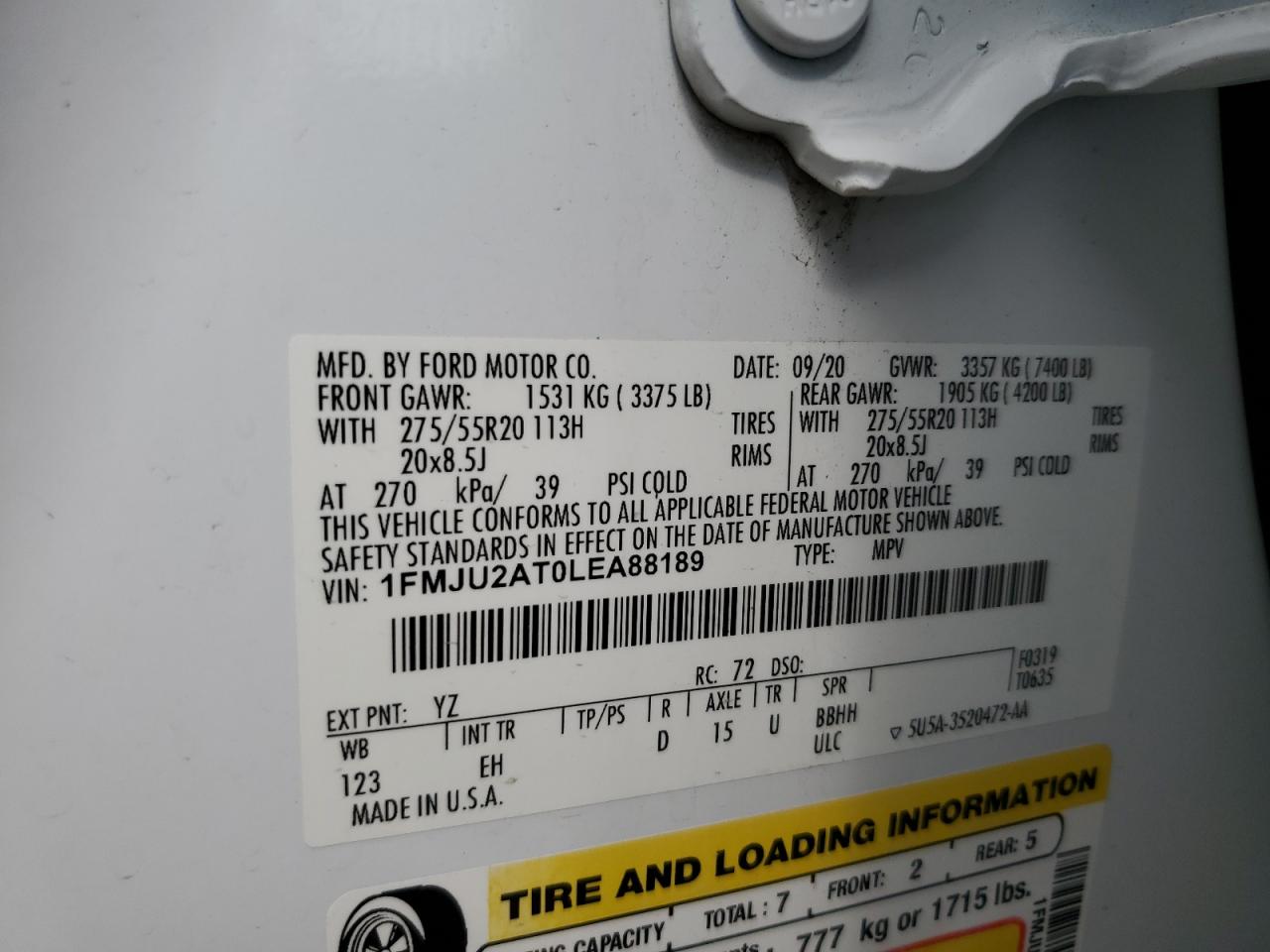 2020 Ford Expedition Limited VIN: 1FMJU2AT0LEA88189 Lot: 65838055