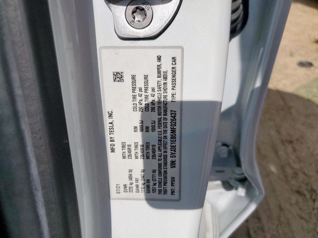 2021 Tesla Model 3 VIN: 5YJ3E1EB5MF026437 Lot: 64880485