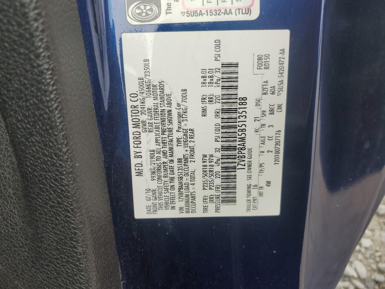 2011 Ford Mustang VIN: 1ZVBP8AM5B5135188 Lot: 65375575