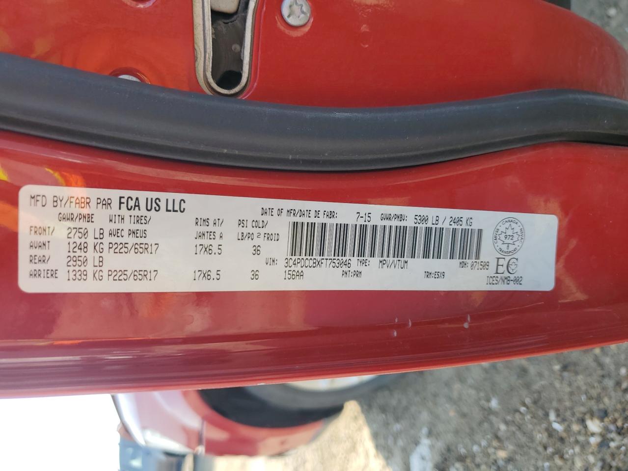 2015 Dodge Journey Sxt VIN: 3C4PDCCBXFT753046 Lot: 65457165