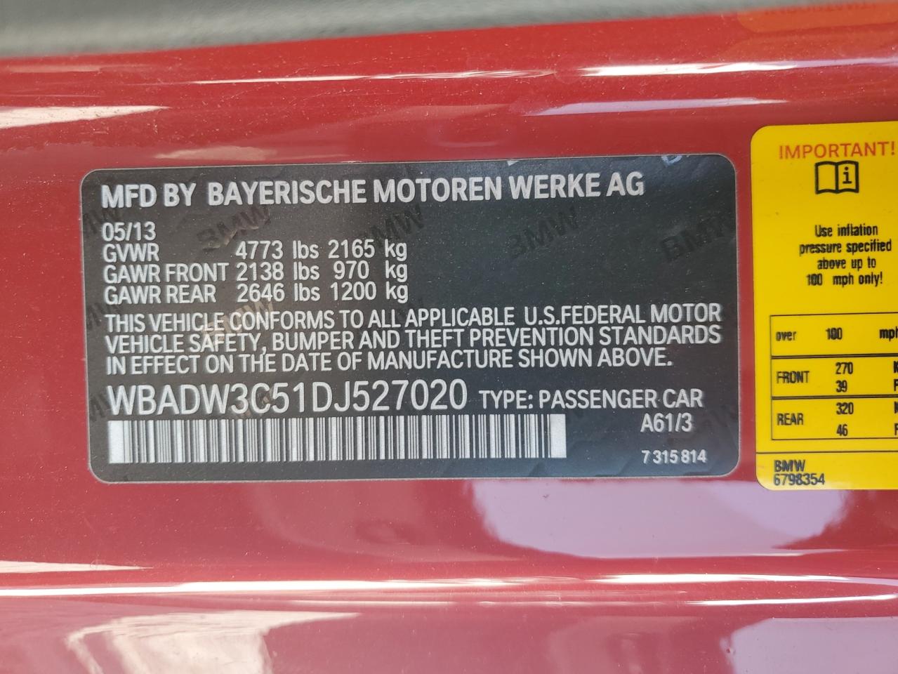 2013 BMW 328 I VIN: WBADW3C51DJ527020 Lot: 64539755