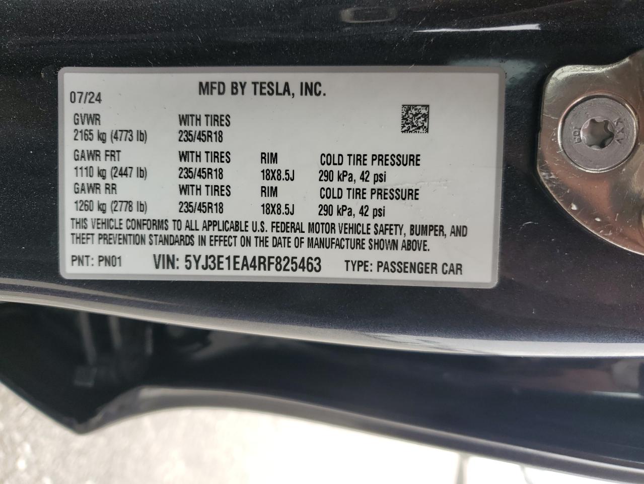 2024 Tesla Model 3 VIN: 5YJ3E1EA4RF825463 Lot: 65472905