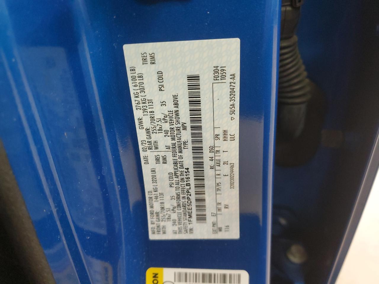 2023 Ford Bronco Base VIN: 1FMEE5DP2PLB16154 Lot: 63138085