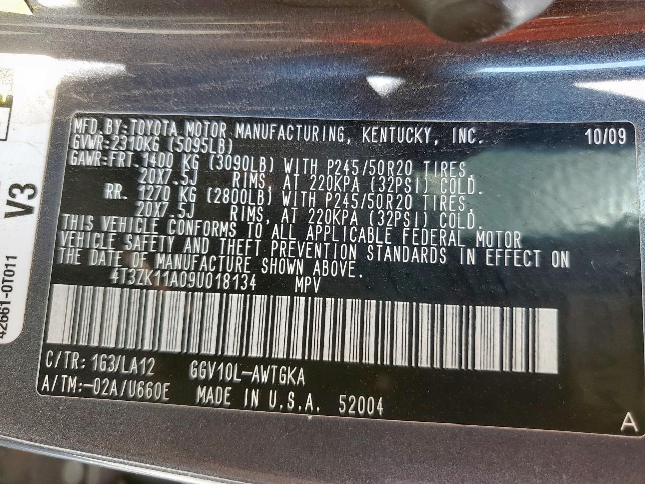 2009 Toyota Venza VIN: 4T3ZK11A09U018134 Lot: 64098575